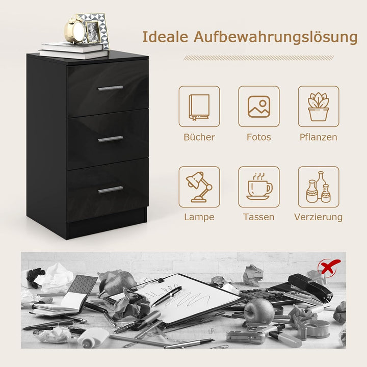 COSTWAY 2er Set Nachttisch mit 3 Schubladen, Hochglanz Nachtschrank, Nachtkommode für Boxspringbett,