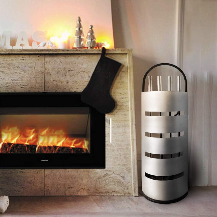 Yznahre Edelstahl Kaminbesteck Set 5 TLG, Modern Kamingarnitur Kaminwerkzeug mit StÀnder, Besen, Zan