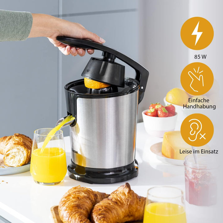 Tristar CP-3002 Zitruspresse – 2 Presskegel – Fruchtfleischfilter – Schwarz/Edelstahl 85 Watt, 85 Wa