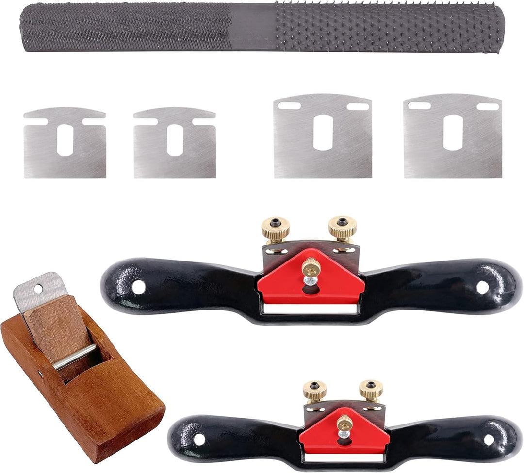 Glarks Verstellbares Speichen-Set (2 Stück) mit Ersatzklingen, Holzbearbeitungsebel, 4-Wege-Raspelfe