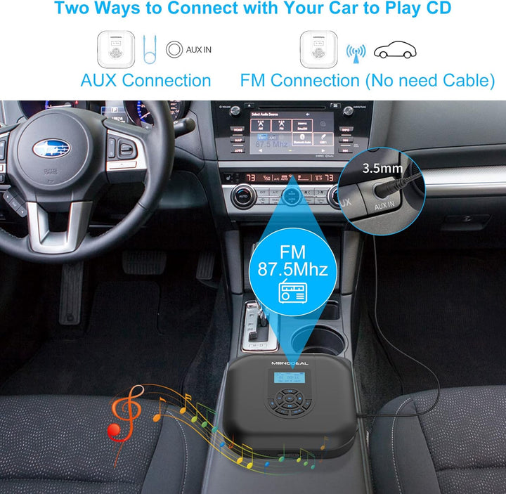 CD Player Tragbar, MONODEAL Tragbarer Bluetooth, Wiederaufladbar mit Lautsprecher und FM Transmitter