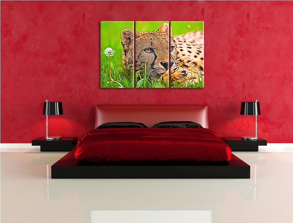 Gepard im Gras Spezial 3-Teiler Leinwandbild 120x80 Bild auf Leinwand, XXL riesige Bilder fertig ger
