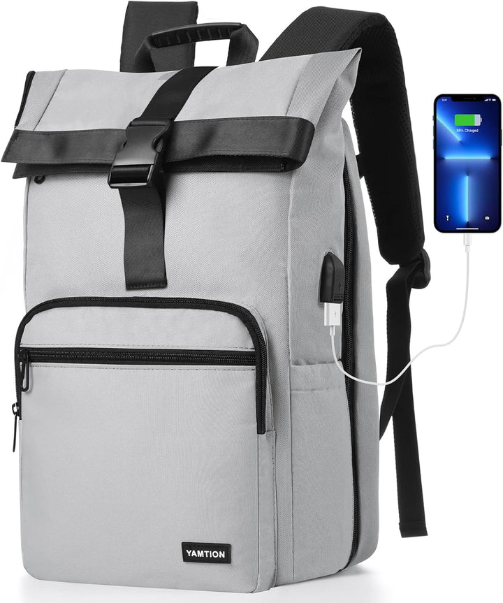 YAMTION 17" Rucksack Damen Stadtrucksack Herren Roll Top,Rucksack Laptop Unisex mit Laptopfach & USB