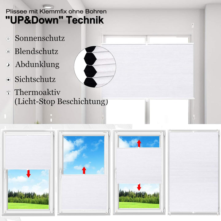 WOLTU Wabenplissee ohne Bohren Verdunklung Thermo Doppelplissee Klemmfix Zweifarbig 65x130cm Weiss-W