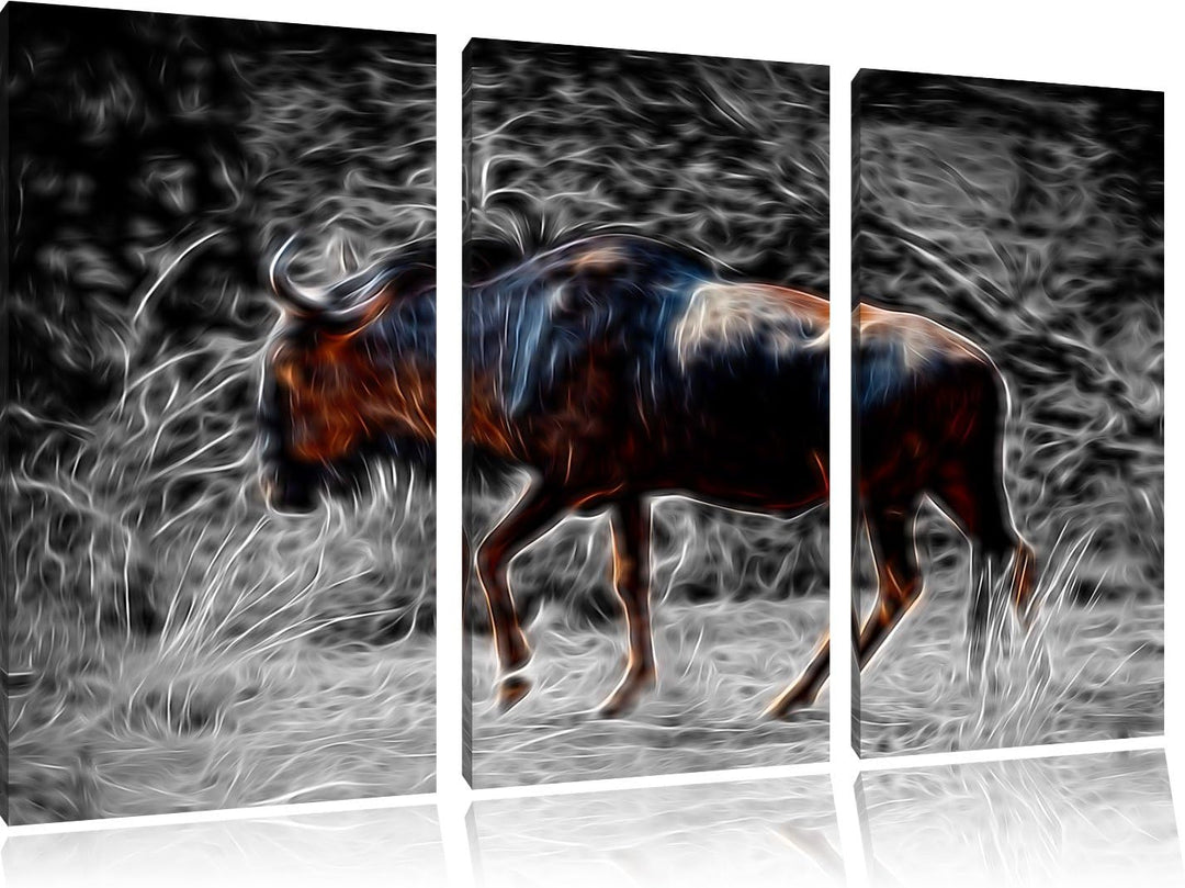 gigantische Kaffernbüffel in der Savanne schwarz/weiss Deluxe 3-Teiler Leinwandbild 120x80 Bild auf