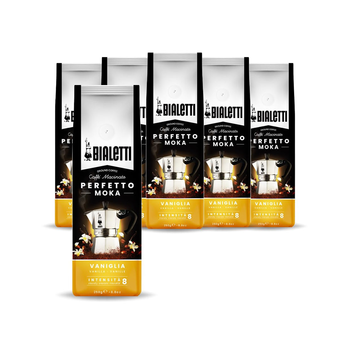 Bialetti - Perfetto Moka Vaniglia: Gemahlener Kaffee mit mittlerer Röstung, Vanille-Aroma, 250g x 6,