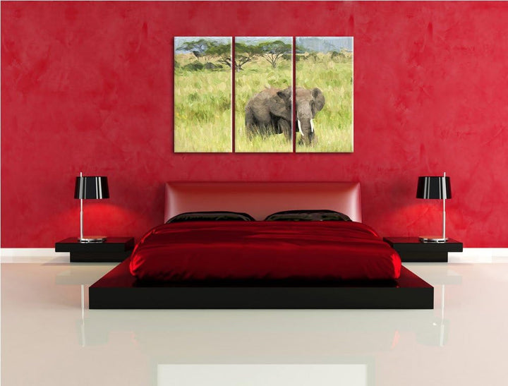 gigantischer Elefant in der Savanne NewArt 3-Teiler Leinwandbild 120x80 Bild auf Leinwand, XXL riesi