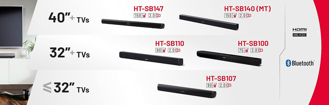 SHARP HTSB140MT 2.0 Soundbar 150W (USB, Bluetooth, HDMI, Optisch, AUX-In (3,5mm), Breite: 95cm), Sli