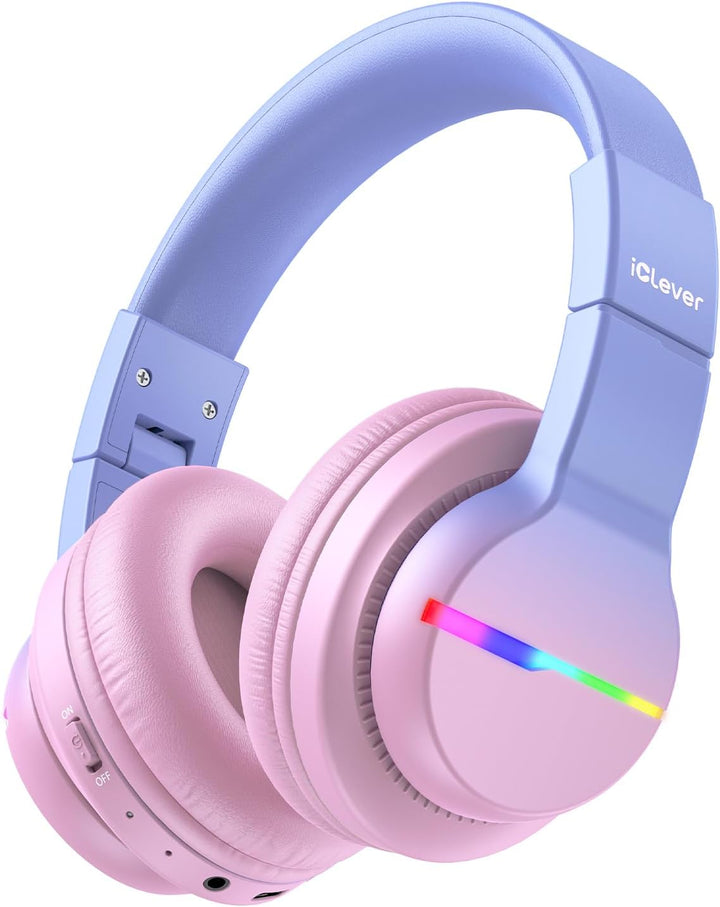 iClever Bluetooth Kinder Kopfhörer, Farbige LED-Leuchten, Kinderkopfhörer Over-Ear mit 74/85dBA Laut