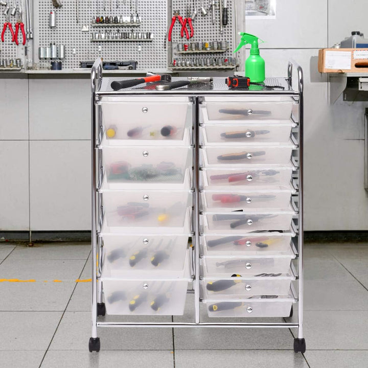 COSTWAY Rollwagen mit 15 stapelbaren Schubladen, Schubladenwagen Rollcontainer mit Metallgestell und