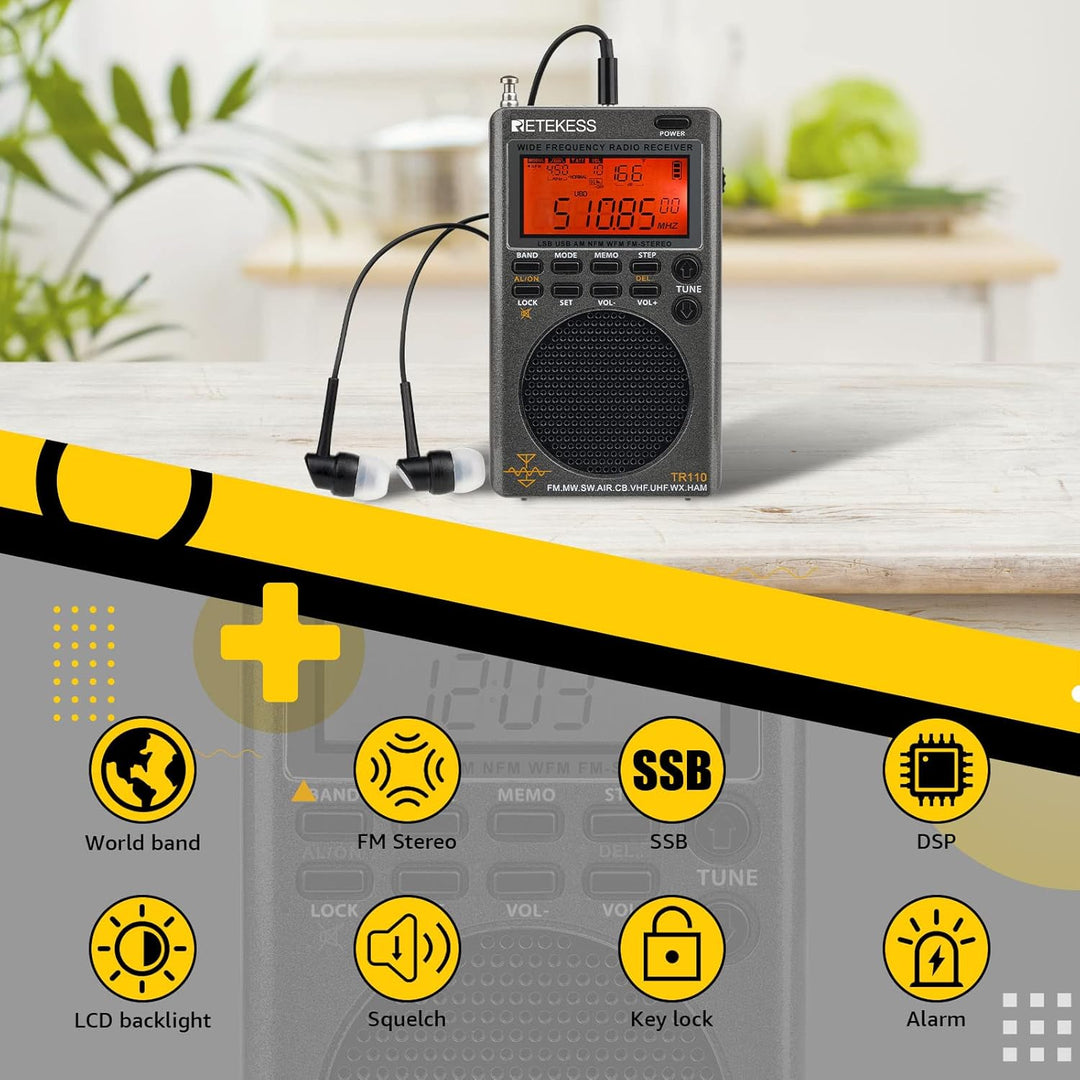 Retekess TR110 Tragbares Digitales Radio,FM MW SW SSB Air Band World Receives Radio,FM Stereo,Sleep