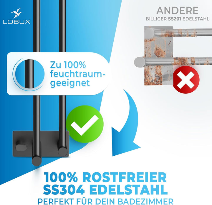LOBUXยฎ - Handtuchhalter ohne bohren schwarz โ 80cm, Edelstahl rostfrei โ Handtuchhalter Bad doppelt,