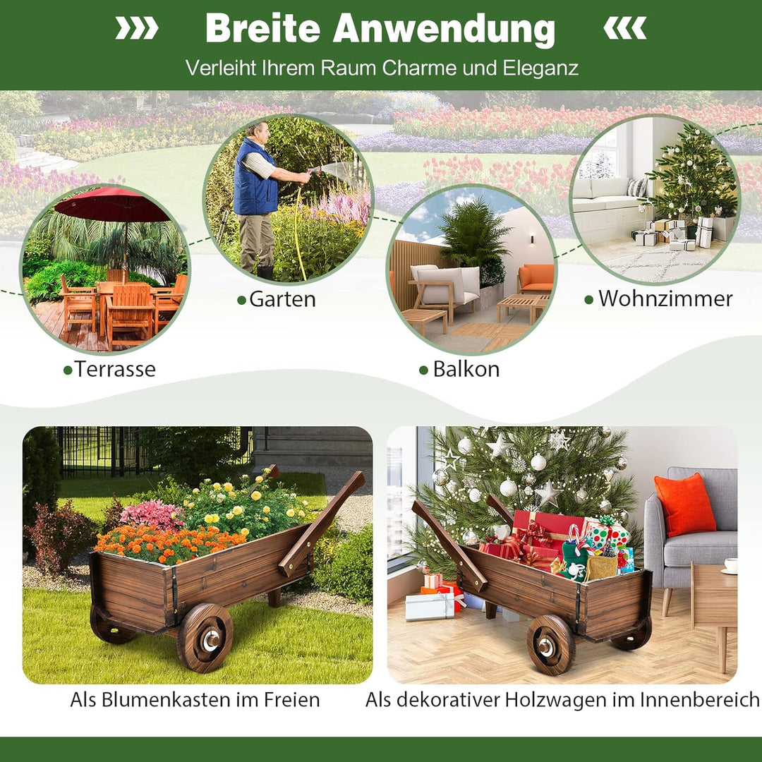 COSTWAY Blumenwagen Holz, Pflanzwagen mit Rädern und Griffen, Blumenkarre mit Abflussloch, Pflanztop
