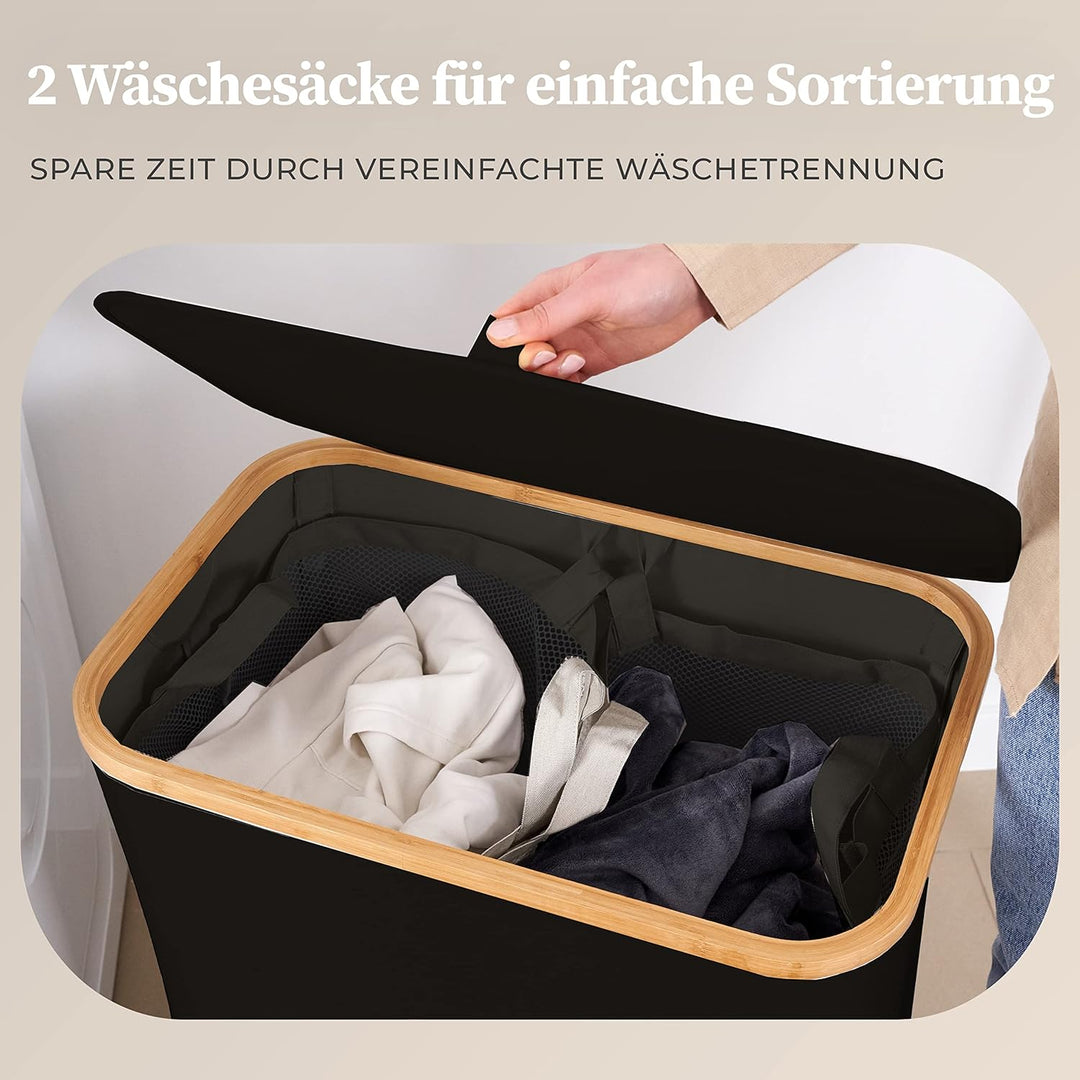 HENNEZ Wäschekorb mit Deckel 2 Fächer Wäschekorb schmal schwarz 141L Wäschesack - Wäschesortierer An