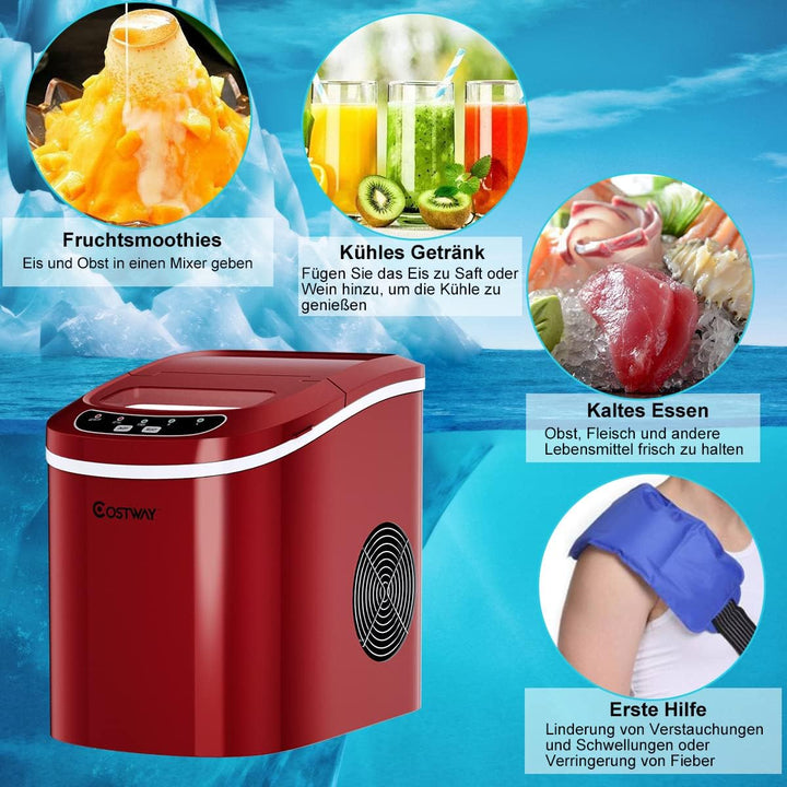 COSTWAY Eiswürfelmaschine 12KG/24H, Ice Maker 9 Eiswürfel in 6-13min, Eismaschine 2,2L Wassertank, E