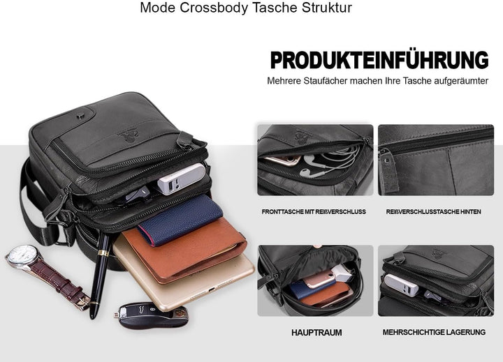 Umhängetasche aus Echtem Leder Herren Casual Fashion Crossbody Tasche Multifunktionaler Taschenbeute