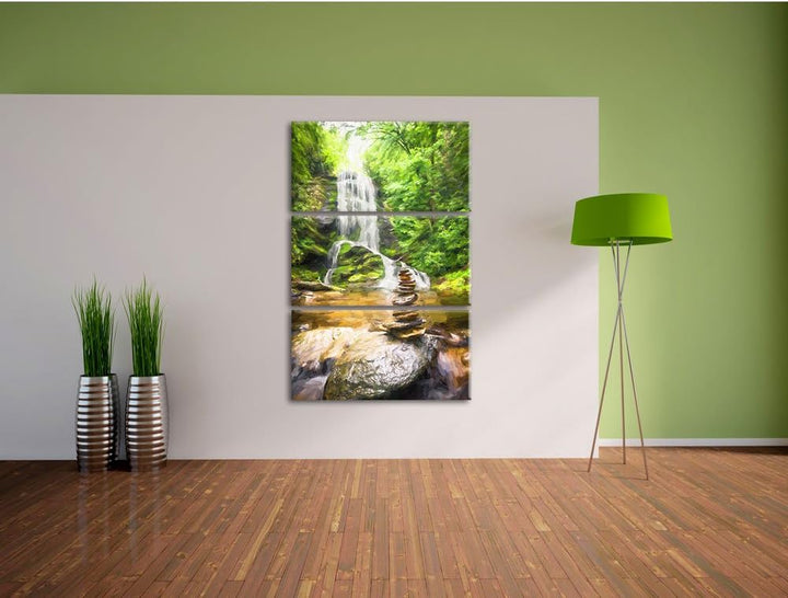 Pixxprint Zen Steine vor Wasserfall Kunst als Leinwandbild/Grösse: 3 Teilig (120x80 cm) cm/Wandbild/