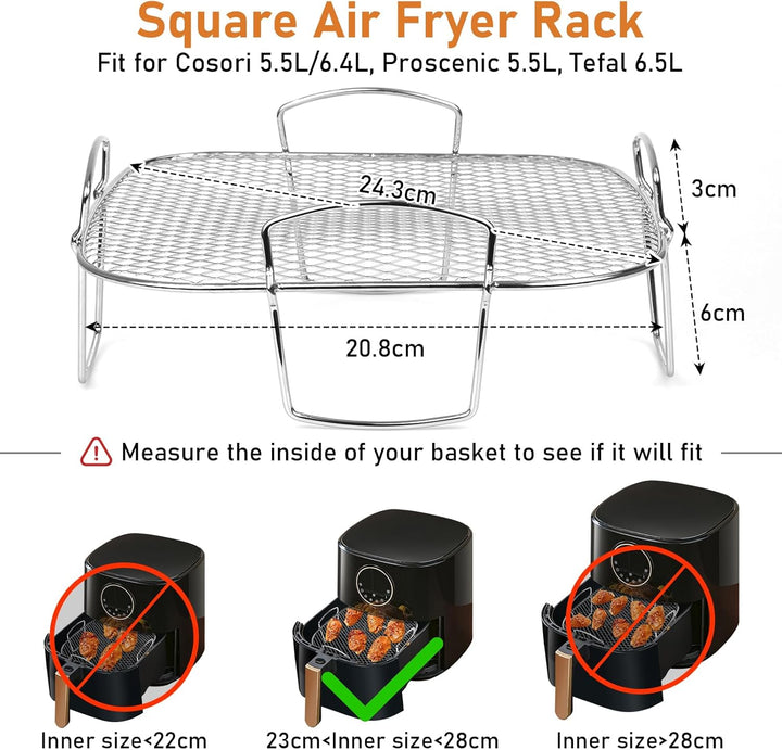 Air Fryer Rack für Cosori 5,5 l, quadratisches Luftfritteusen-Zubehör, Edelstahl-Luftfritteusen-Rega