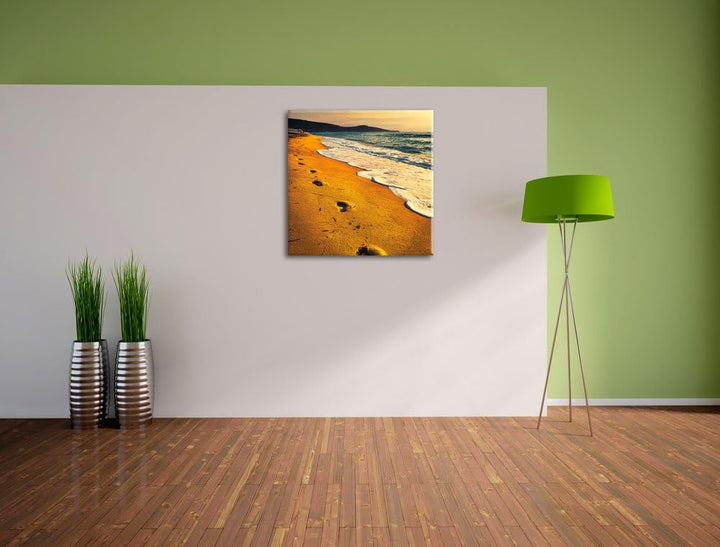 Fussabdrücke im Strand, Format: 70x70 auf Leinwand, XXL riesige Bilder fertig gerahmt mit Keilrahmen