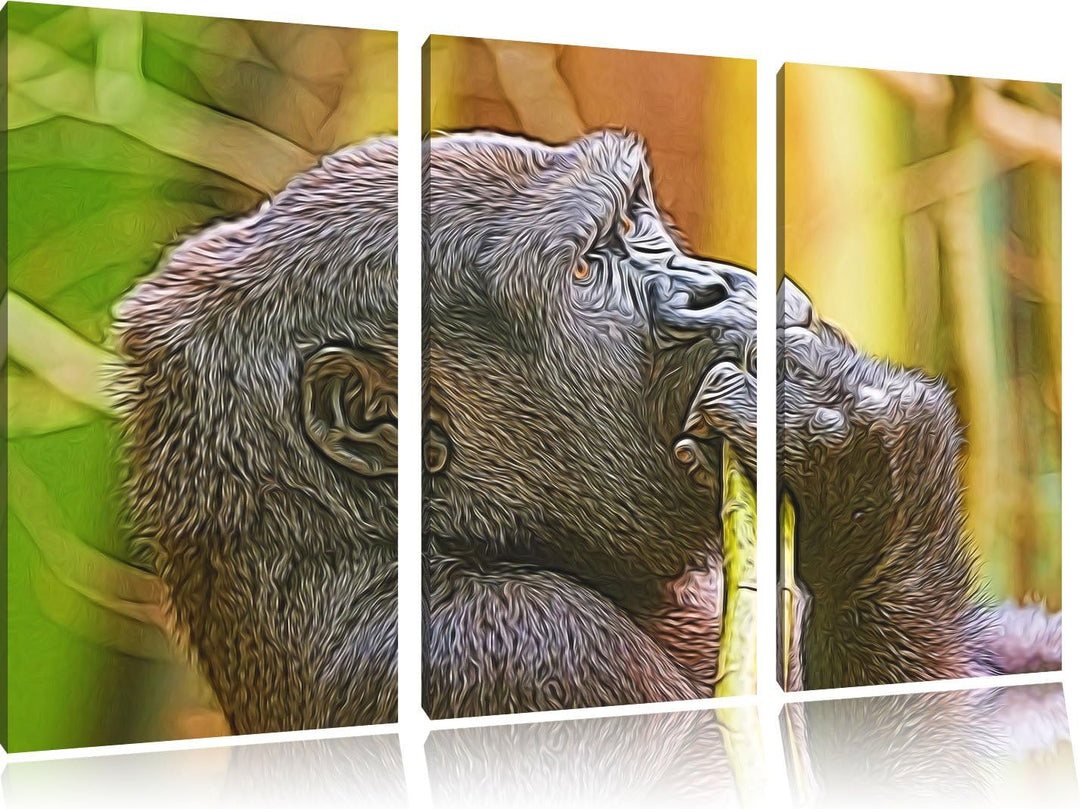 Gorilla isst NewArt 3-Teiler Leinwandbild 120x80 Bild auf Leinwand, XXL riesige Bilder fertig gerahm