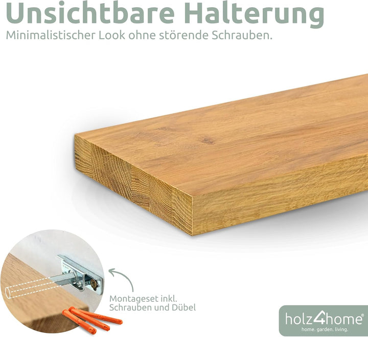 holz4home® Wandregal ohne Baumkante 40 cm Länge, Natur Geölt I Schweberegal mit Befestigung im moder