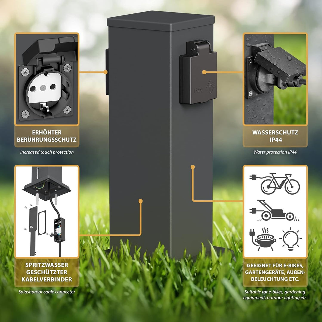 ledscom.de Garten Steckdosensäule POLLY, Outdoor, IP44, 2-fach, anthrazit, eckig, 27 cm, 2 Stk. 2 St