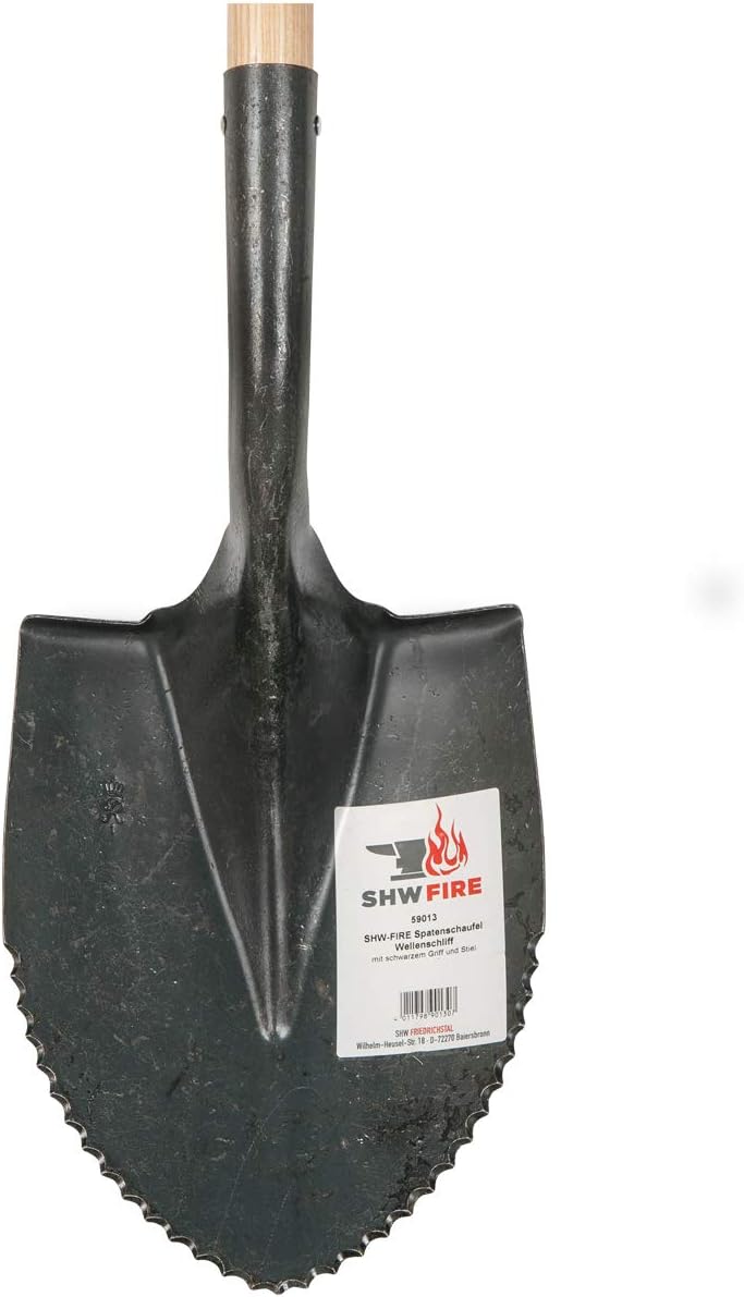 SHW-FIRE Spaten Schaufel mit Wellenschliff - Hochwertiger Stahl - Holzstiel 120cm - für einfacheres