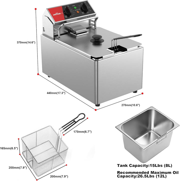 CROSSON 8L elektrische Fritteuse mit EGO-Thermostat, 30-Minuten-Timer, abnehmbarer Ölbehälter, massi