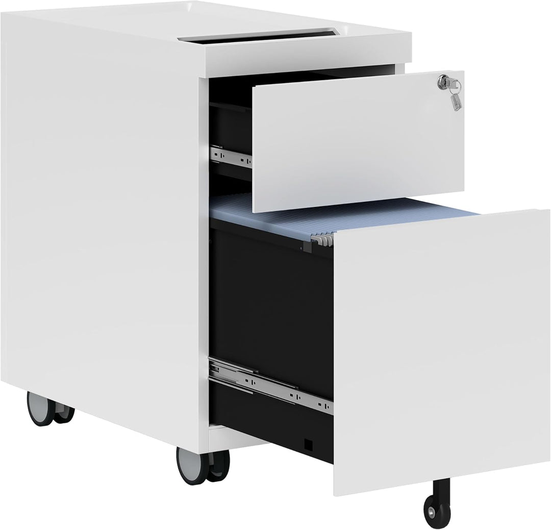 HOMCOM Rollcontainer mit 2 Schubladen, Aktenschrank mit Schloss, Oben Umschlag, Büroschrank für A4 L