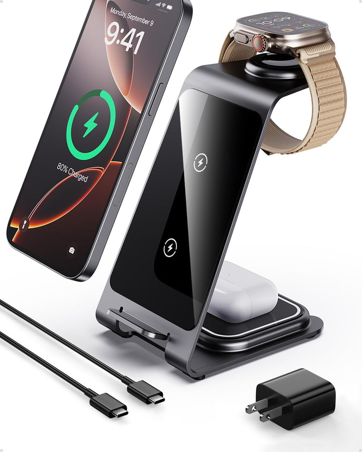 Intoval Kabellose Ladestation, 3-in-1-Ladegerät für Apple, iPhone/iWatch/Airpods, iPhone15,14,13,12