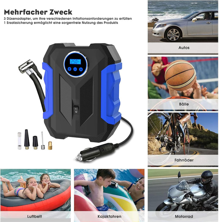 CARSUN Luftpumpe Auto,12V Mobiler Kompressor Auto,150PSI Autoreifen Pumpe mit Reifendruckmesser und