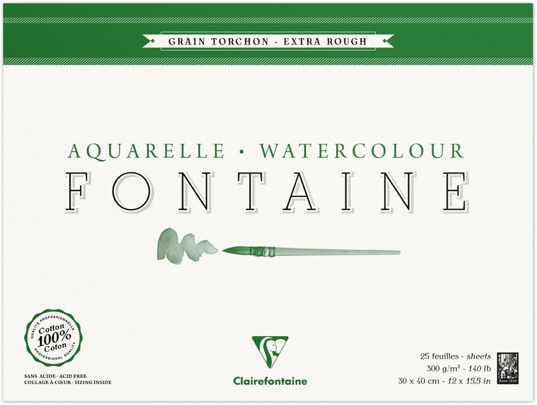 Clairefontaine 96430C Malblock, 4-seitig verleimt Aquarellpapier Grobkorn Torchon, Fontaine/Hadern,