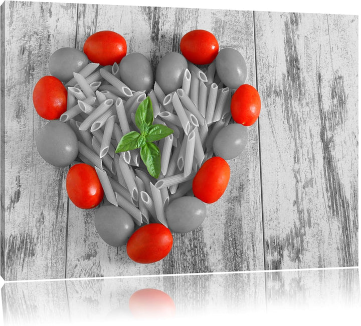Herz aus Tomaten, Nudeln und Basilikum schwarz/weiss Format: 100x70 auf Leinwand, XXL riesige Bilder