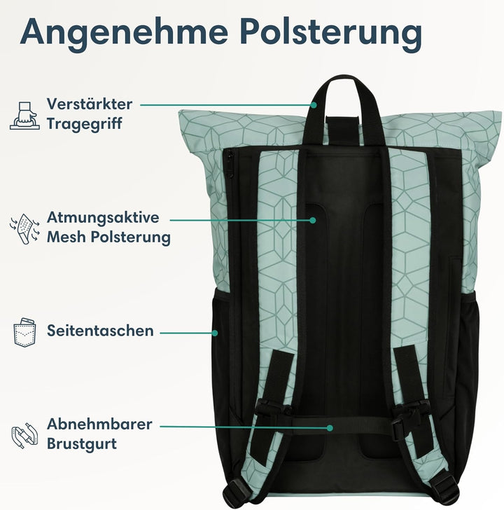 LARK STREET Rolltop Rucksack Damen Gross Mint - No 2 - Daypack für Schule, Uni, Fahrrad - 15,6 Lapto