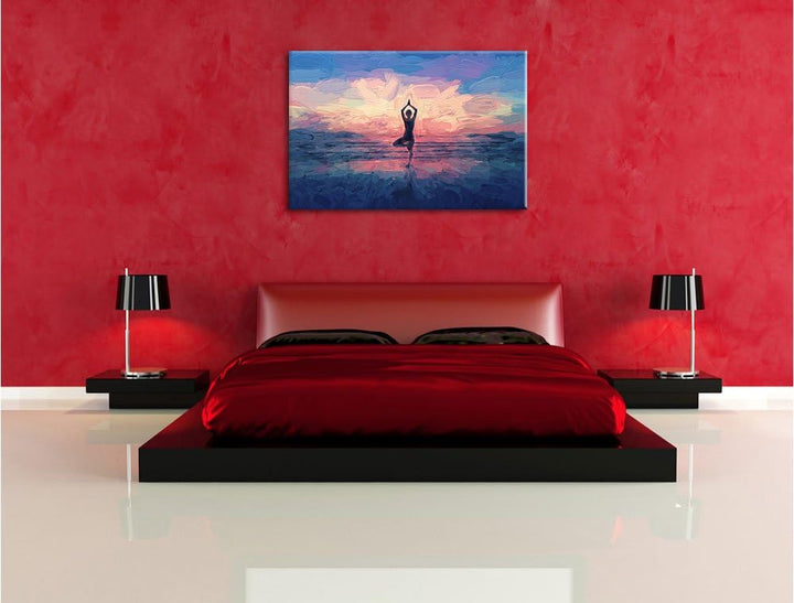 Pixxprint Yoga am Strand Kunst als Leinwandbild/Grösse: 100x70 cm/Wandbild/Kunstdruck/fertig bespann
