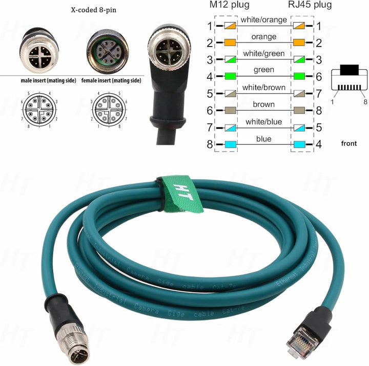 HangTon M12 Ethernet 8 Pin X-Code RJ45 CAT-7e GigE Kabel für Basler Cognex Industriekamera Sensor Co