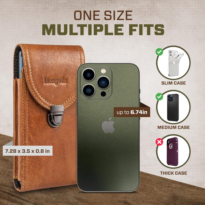 hengwin Horizontal Echtes Leder Handy Holster für iPhone 15 14 Pro Max, 14 Plus, Gürtelclip Gürtelta