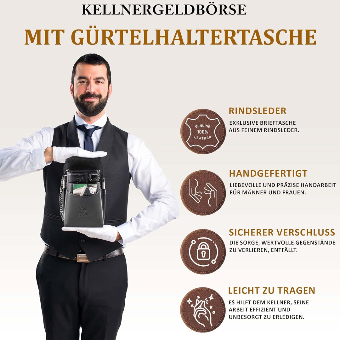 MATADOR Leder Profi-Kellner-Set Kellner-Geld-Börse-Tasche-Portemonnaie mit Kette Bedienungsgeldbeute