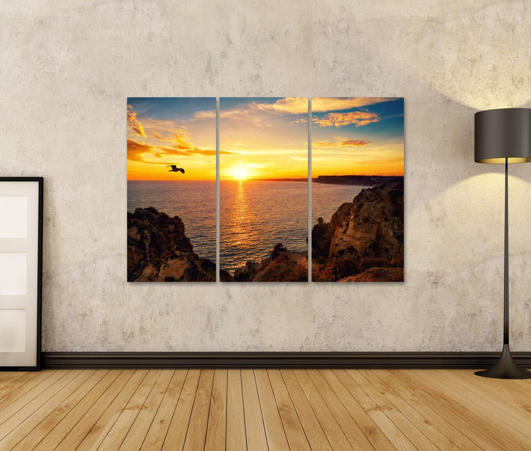 islandburner Bild auf Leinwand Felsige Küste Am Meer Sonnenuntergang Vogel Bilder Wandbilder Poster