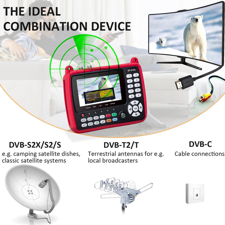 ST-5155 Satfinder DVB-S2/S/T2/T/C, Satelliten Finder(10bit) H.264/265/HEVC mit Bild, Satfinder mit S
