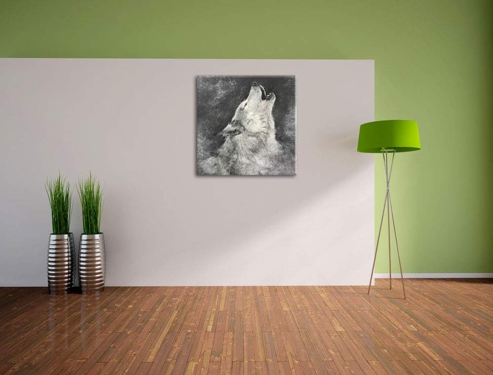 Heulender Wolf Kunst, Format: 70x70 auf Leinwand, XXL riesige Bilder fertig gerahmt mit Keilrahmen,