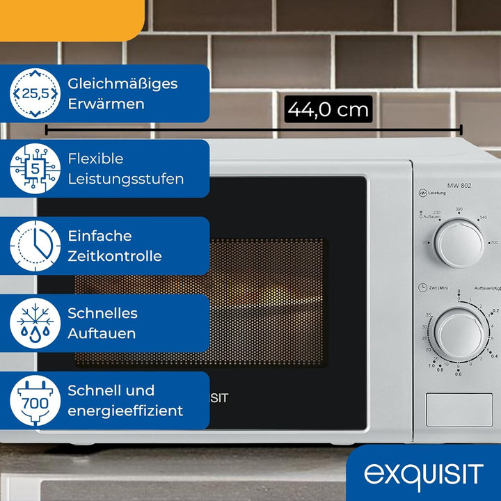 Exquisit Mikrowelle MW 802 si | 700 W Leistung | 20 L Garrraum | 5 Leistungsstufen | Timer | Drehtel