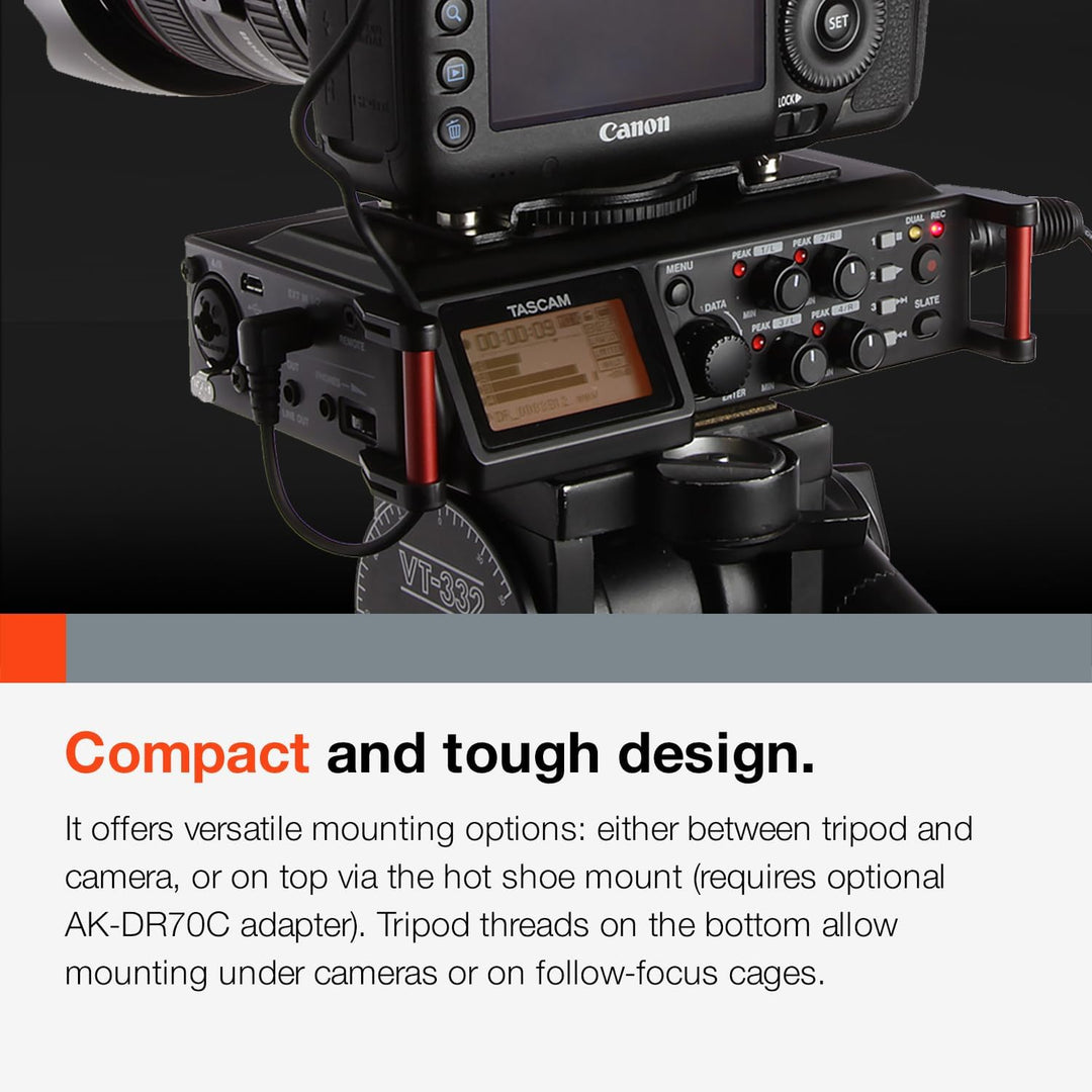 TASCAM Tragbarer 4-Kanal-Audio-Recorder für Videofilmer, 4 Kombi-XLR/TRS-Eingänge, 2 interne Mikrofo