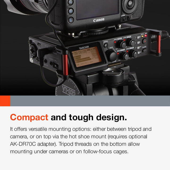 TASCAM Tragbarer 4-Kanal-Audio-Recorder für Videofilmer, 4 Kombi-XLR/TRS-Eingänge, 2 interne Mikrofo