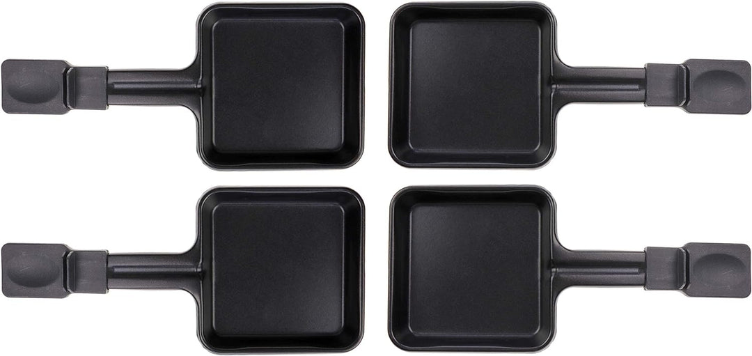 4x Raclette Pfännchen 23178 10x10cm, Griff Extra Lang, Universell für Raclettes (Masse siehe Text)