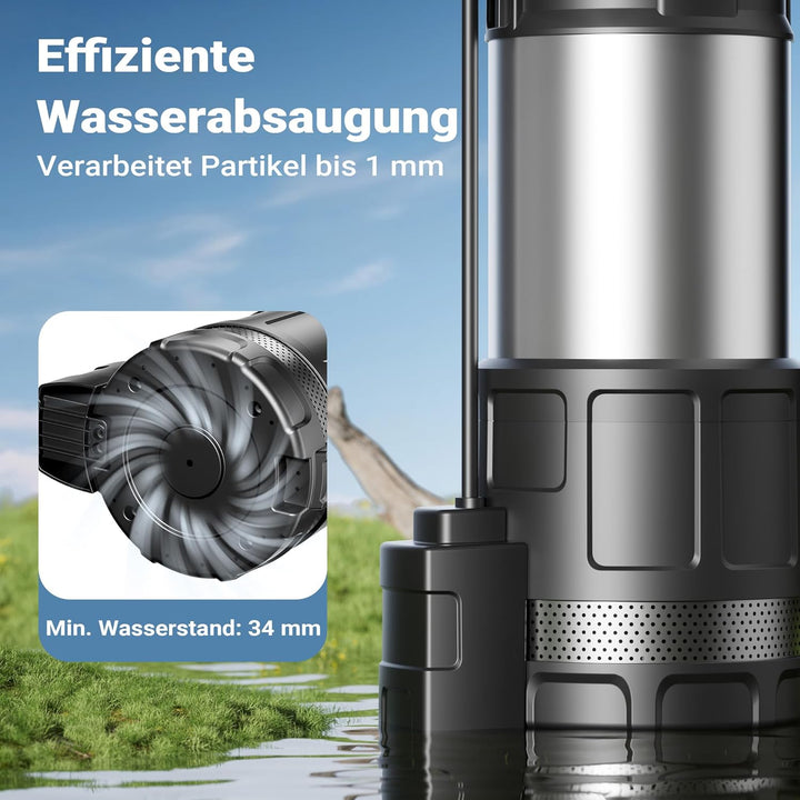Wiltec Tauchpumpe mit Trockenlaufschutz und Schwimmerschalter 1200 W, Tiefbrunnenpumpe 6000 l/h, Was