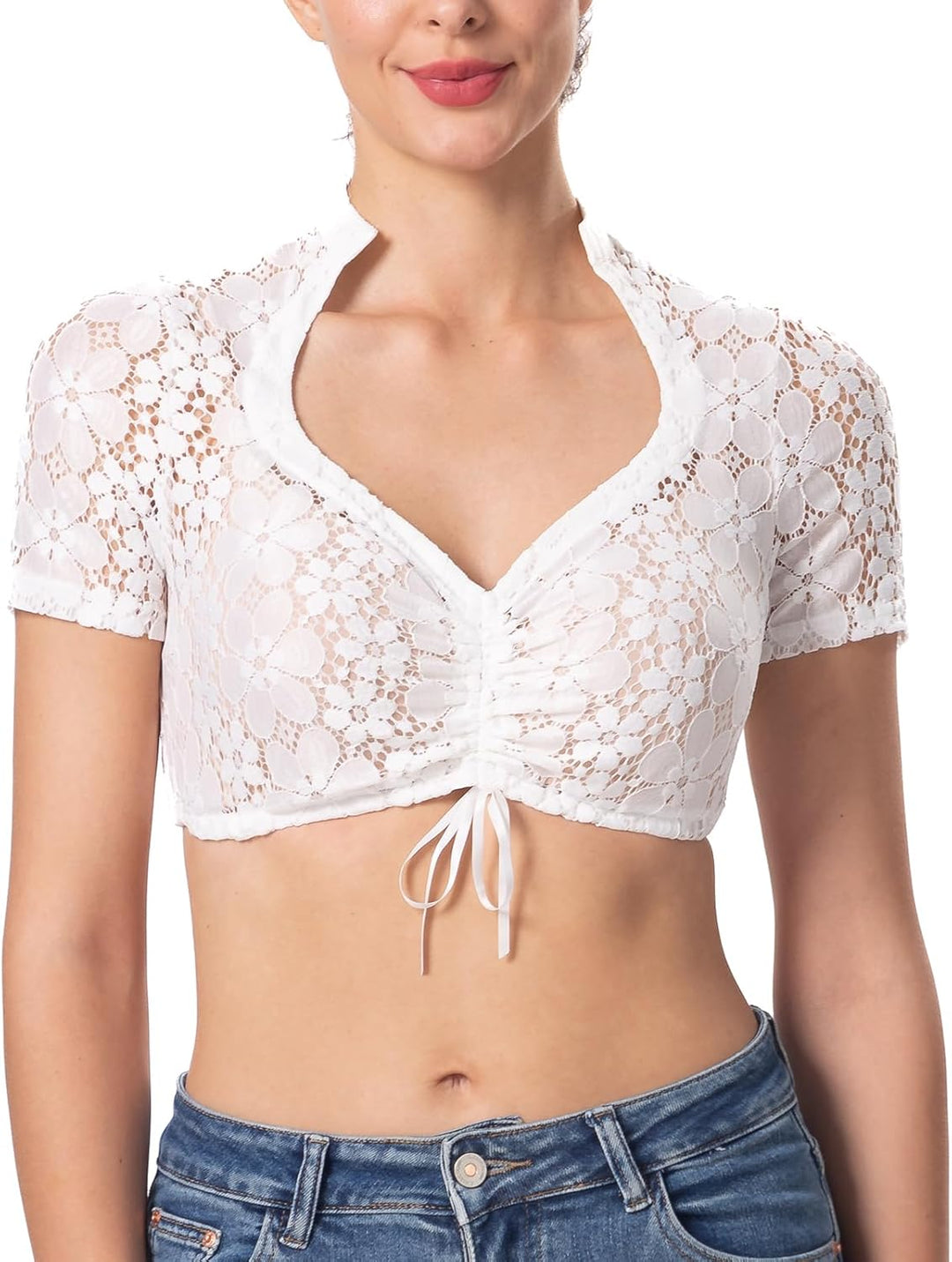 Dirndlparty Dirndlbluse Damen Schlicht, Kurzarm Dirndl Bluse Creme Spitze Trachtenbluse Oktoberfest