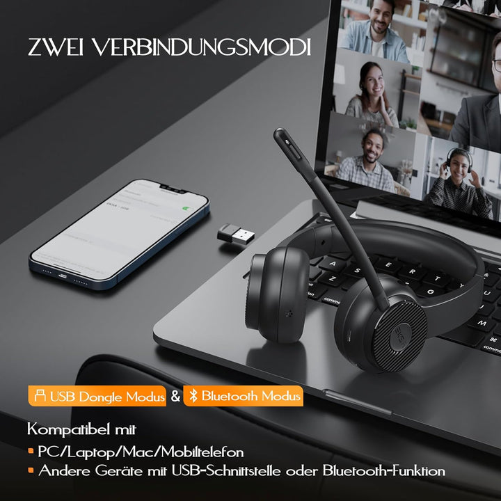 EKSA H16 Wireless Headset, Bluetooth 5.2 Headset mit Mikrofon & USB Dongle [Bis zu 55 Stdn & 15 Mete
