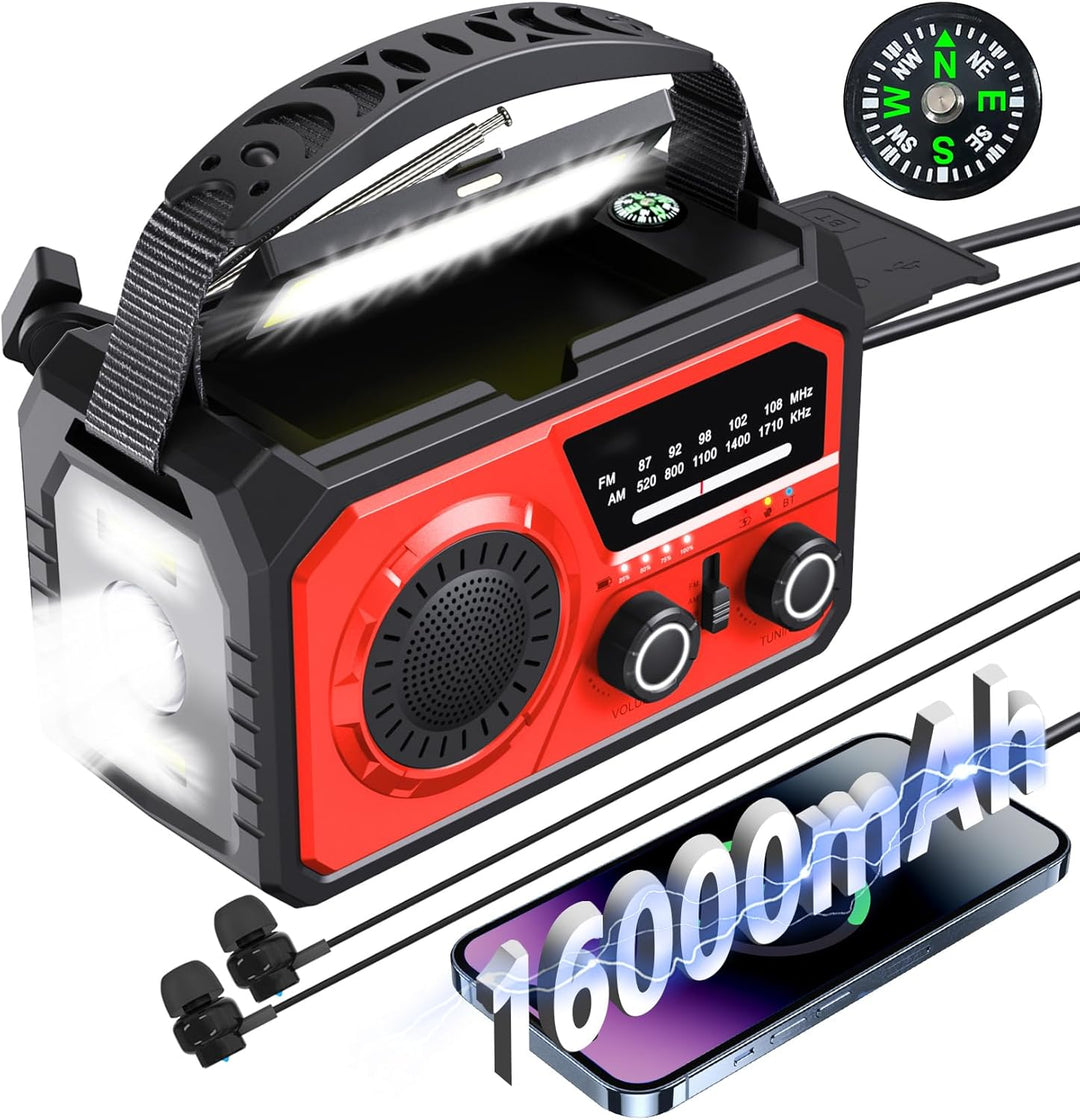 16000mAh Solar Radio,AM/FM Kurbelradio Tragbar USB Notfallradio mit 59200mWh Wiederaufladbare Batter