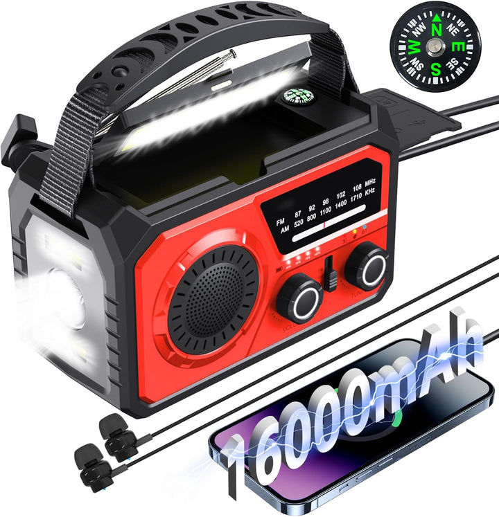 16000mAh Solar Radio,AM/FM Kurbelradio Tragbar USB Notfallradio mit 59200mWh Wiederaufladbare Batter